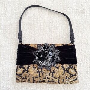 Vintage Formal Handbag Black Velvet Sequin Flower Tapestry Shoulder Bag Purse SM